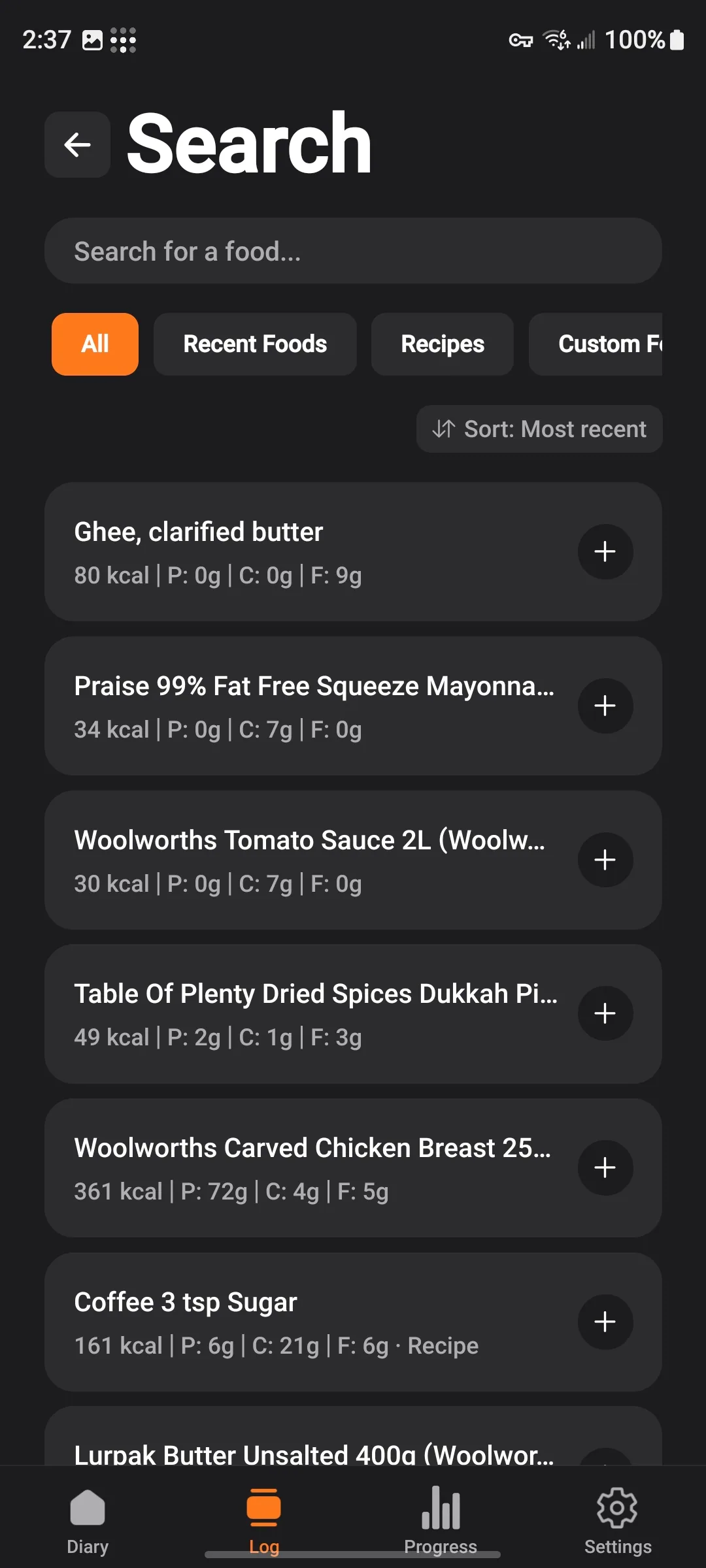 Food search screen listing results with calories, protein, carbs and fat per serving.